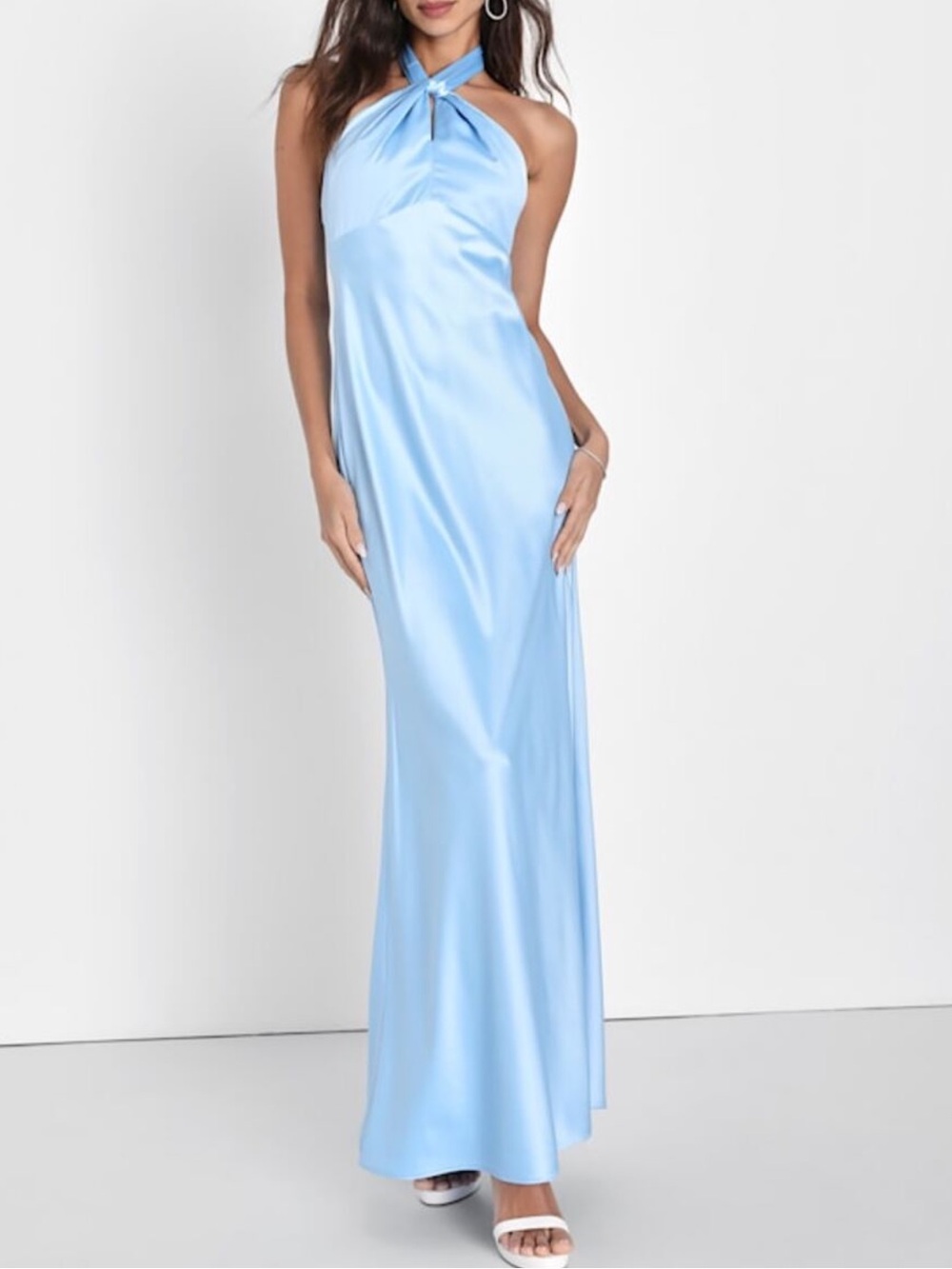 NWT Lulus Regal Arrival Light Blue Satin Halter Mermaid Maxi Dress - Size S